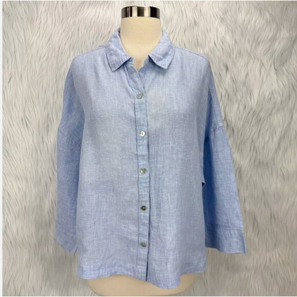Sigrid Olsen Tops - Sigrid Olsen Blue Linen Button Up Top Shirt Boxy Fit Crop Lagenlook Beach Preppy